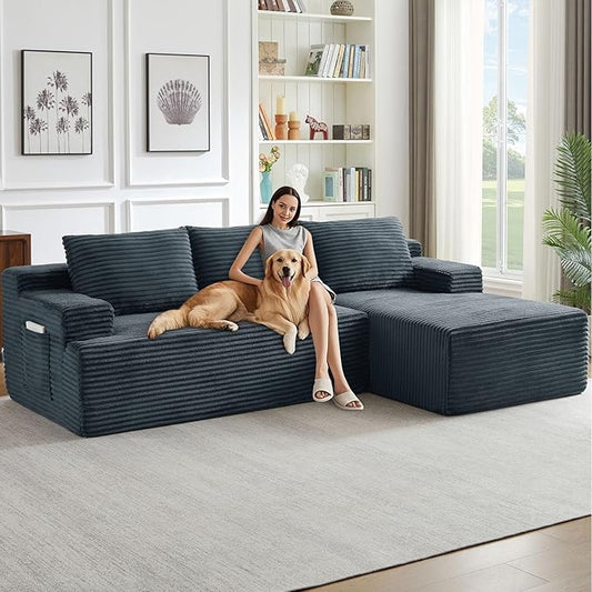 96" Cloud Sectional Couch with L-Shape Chaise, Modern Corduroy Boneless Couch for Living Room,Memory Foam Sofa with Deep Seat,No Assembly Required (Dark Gray,Right-Facing Chaise)