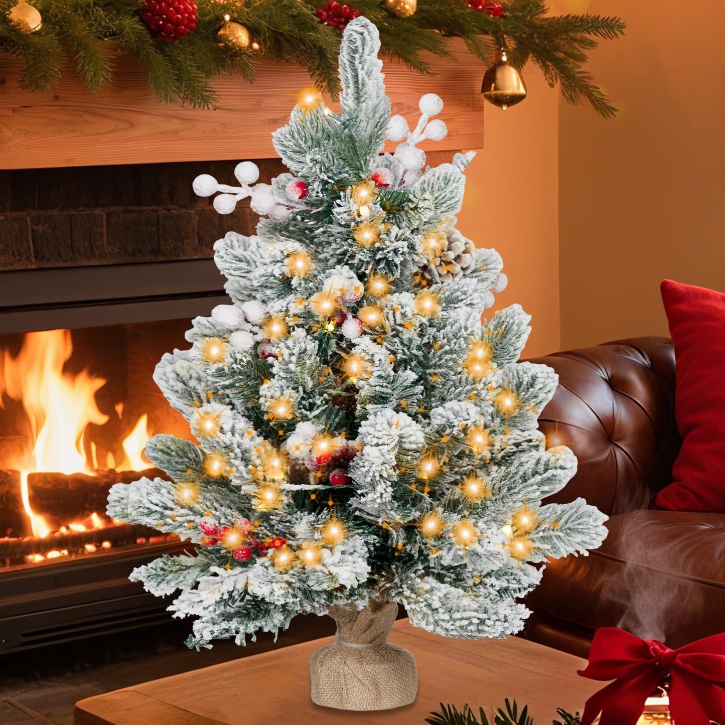 RIDGEPOLE 2FT Pre-lit Mini Christmas Snow Flocked Tree,Tabletop Artificial Christmas Tree with LED Lights, Small Xmas Pine Tree with Cloth Bag Base for Christmas Decor,12 PCS Berry & 8 Pinecones