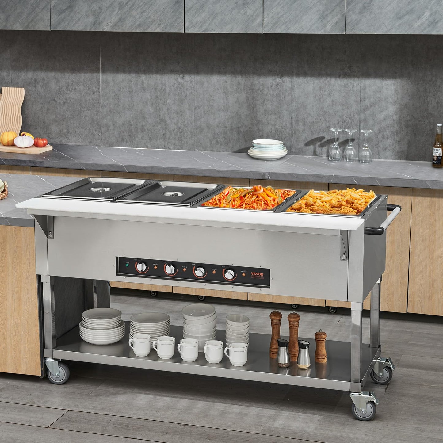 VEVOR Commercial Food Warmer, 2000W Electric Steam Table with 4 x 20.6QT Pans, Versatile Food-Grade Stainless Steel Server with Countertop & Shelf, Movable Buffet Catering Warmer for Party Restaurant
