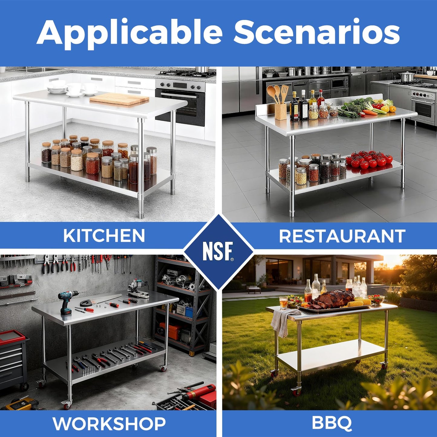 OSTBA Stainless Steel Table for Prep & Work 24x24 Inches, NSF Metal Commercial Heavy Duty Table with Adjustable Undershelf and Adjustable Foot for Restaurant Kitchen Home and Hotel