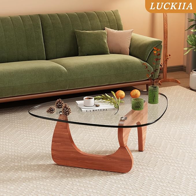LUCKIIA Coffee Tables Glass Small Farmhouse Coffee Table Mid-Century Modern Wood Center Table for Living Room, Walnut Transparent, 36 Inch