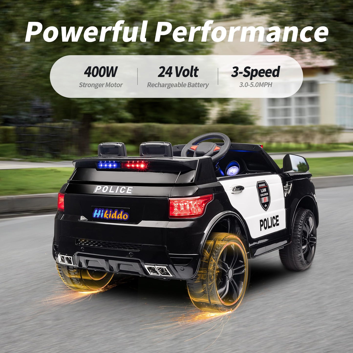 Hikiddo 24V Electric Police Ride-On Car for Kids, Ride-On Toy Kids Car w/Parental Remote Control, 2x200W Motors - Black