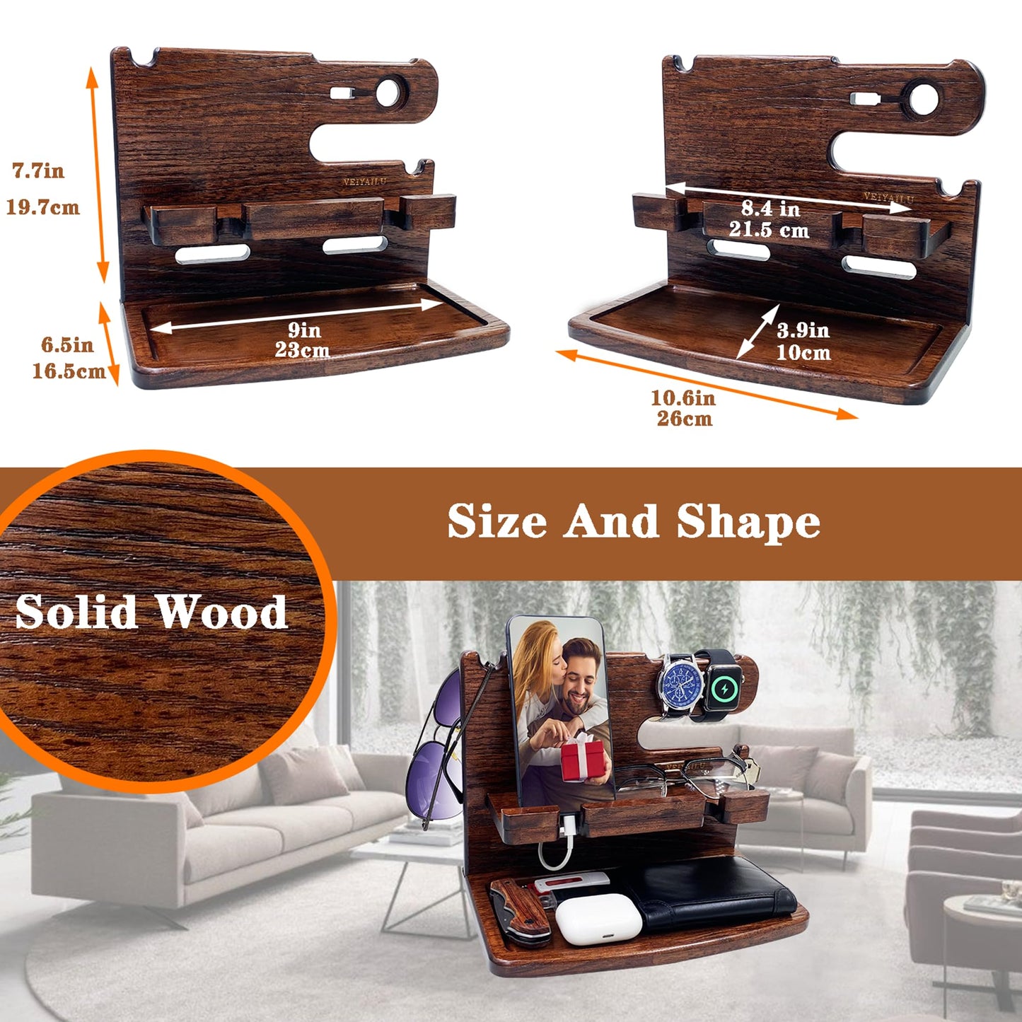 VEIYAILU Gifts for Men Women Dad Husband Boyfriend Wood Phone Docking Station Nightstand Organizer for Men Birthday Gifts (Dark Brown)