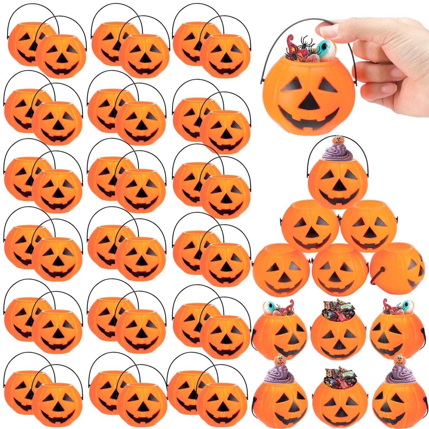 Lallisa 50 Halloween Mini Pumpkin Bucket Plastic Pumpkin Candy Container Halloween Party Favor Decoration Trick or Treat Buckets for Holiday Party Supplies(Orange)