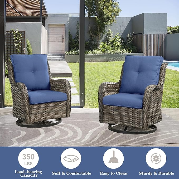 Belord 5 Piece Outdoor Patio Furniture Set - Wicker Furniture Patio Conversation Set, Outdoor Swivel Rocker Chairs with Loveseat Sofa and 2 Ottomans for Small Space, Blue Cushion