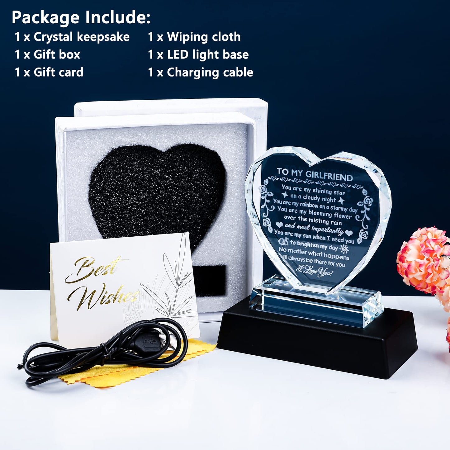 YWHL Romantic Girlfriend Gifts from Boyfriend, To My Girlfriend Crystal Heart Shaped Keepsake with Colorful Light Base, Girlfriend Birthday Gift, Gifts for Girlfriend on Anniversary Valentine