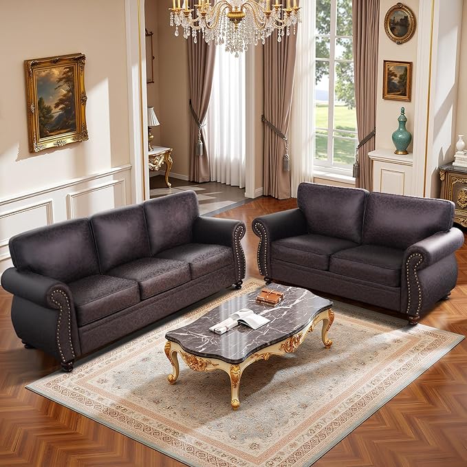 Couchus Living Room Furniture Sets,Sofa Sets and Couch Sets for Living Room,Mid-Century Vintage Sofa Couches with Rivet Design (Brown, Loveseat+3 Seater)