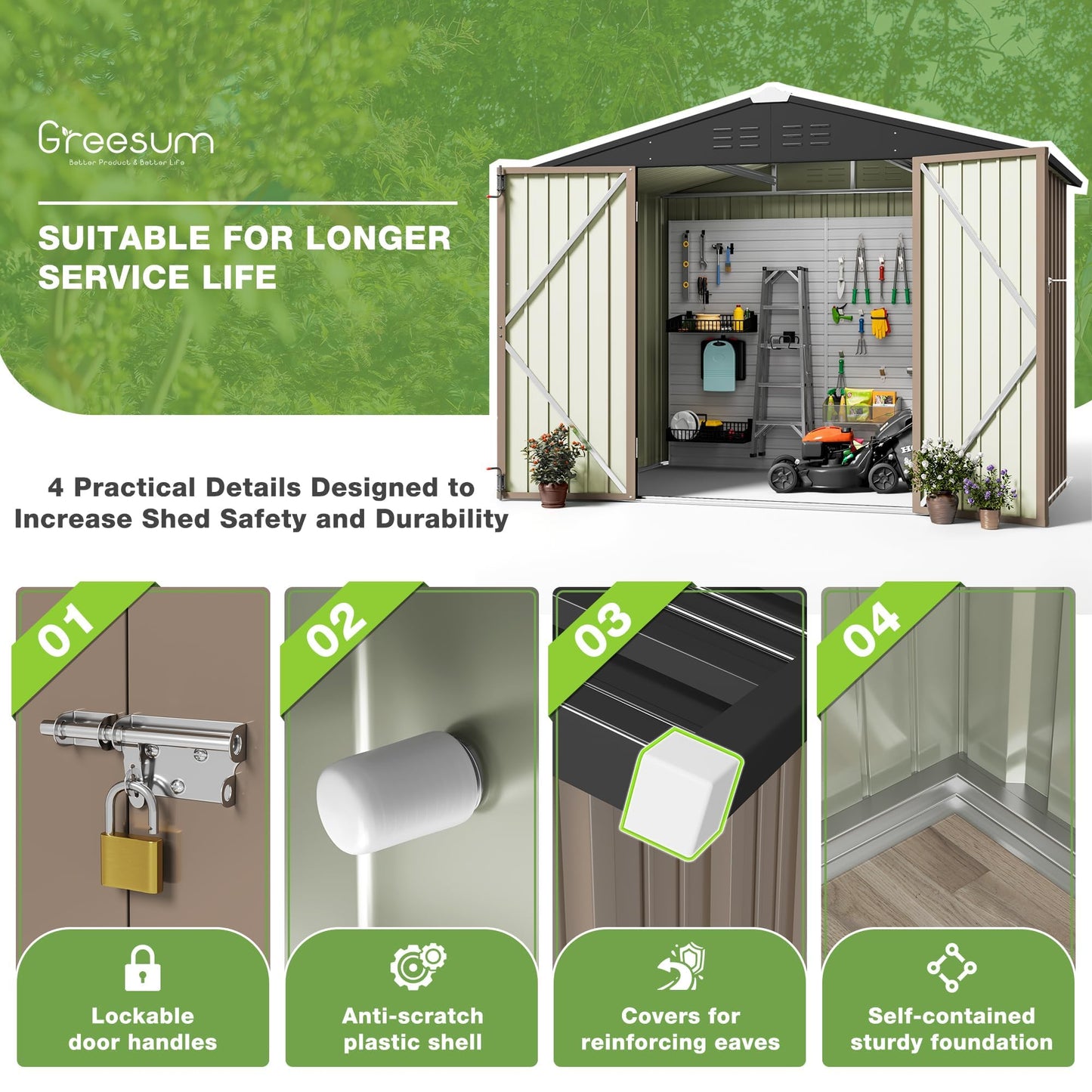 Greesum 8x6FT Outdoor Storage Shed, Utility Tool Shed with Sloping Roof, Metal Storaged Garden Shed with Door & Lock for Patio Storage, Light Brown