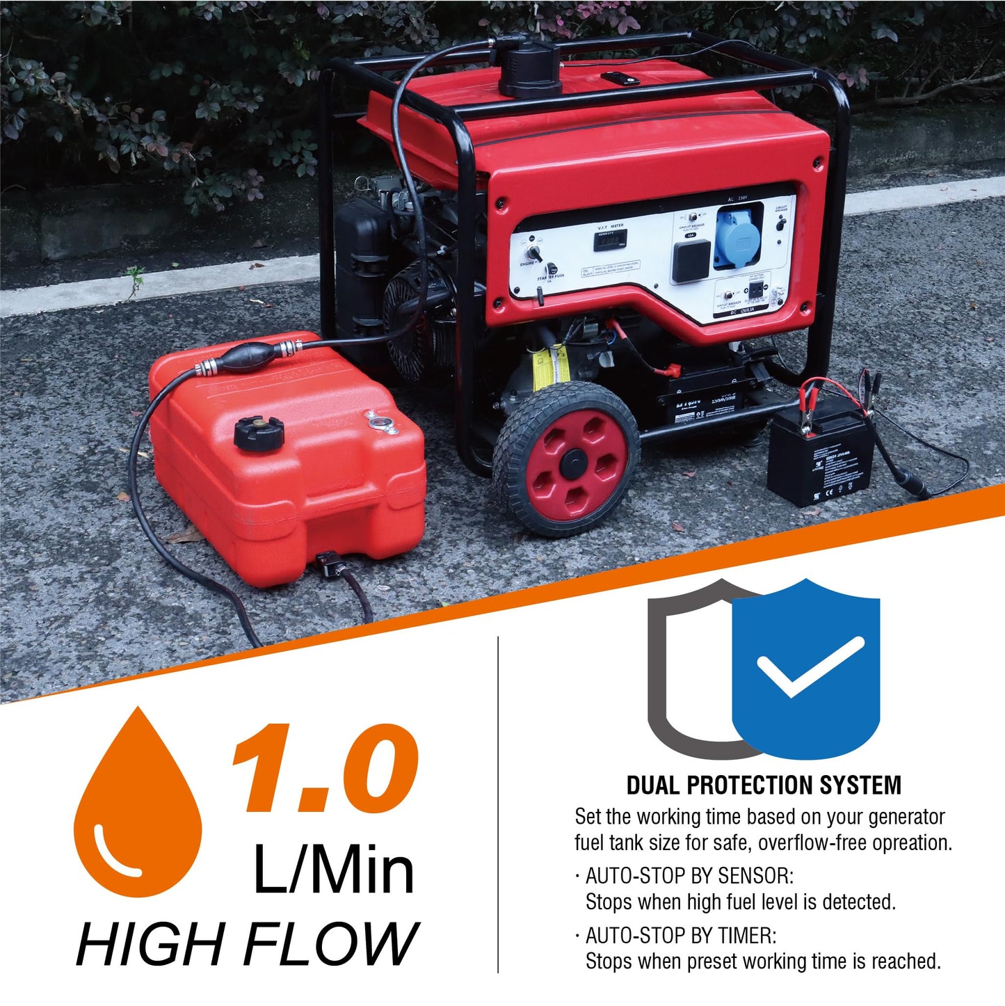 YueHeLe 12V DC Gasoline Fuel Pump for Generators,Automatically Pump fuel, Universal Fit with 3 Adapters, Non-stop running the generator