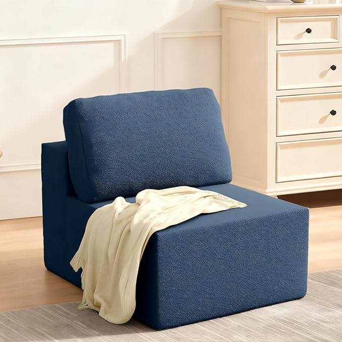 Furnify 30" Modular Upholstered Foam Couch, Upholstered Floor Sofa Couch with Pillow, Bean Bag Chair for Bedroom Living Room, No Assembly Required (Blue, Teddy Boucle)
