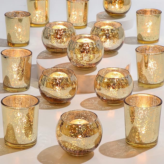 DEVI 24pcs Assorted Gold Votive Candle Holders, Mercury Glass Candle Holder, Diwali Decorations, Gold Wedding Centerpieces...