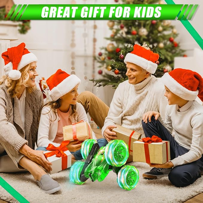 Remote Control Car-Rechargeable Fast Direct Charging RC Cars For Kids with Colorful Light,Double-Sided 360° Rotating Stunt 4WD RC Truck Car Toys for Ages 5-7 Gift for Boys Girls Aged 8-12 Green