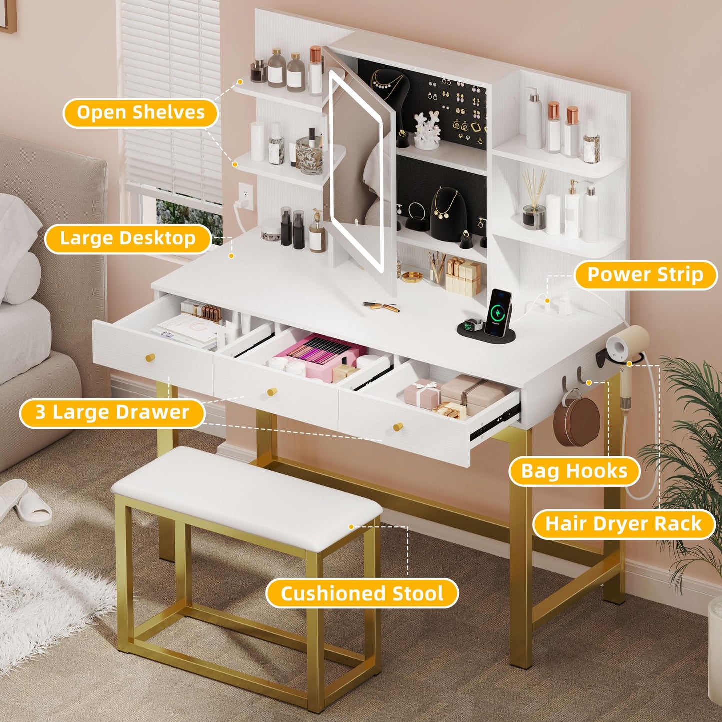 DWVO Vanity Desk with Lights, LED Mirror and Power Outlet, Adjustable 3 Color Lights Modes, Dressing Table with Chair, Makeup Table Set with Hidden Storage Shelves, 3 Drawers, Upgraded, White