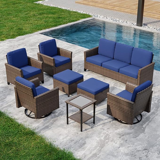 COOS BAY Harbor Retreat 8 Piece Outdoor Furniture Set, Patio Conversation Set with Swivel Rocking Chairs, Patio Chairs, Couch, Side Table and Ottomans, Wicker Furniture, Brown/Blue