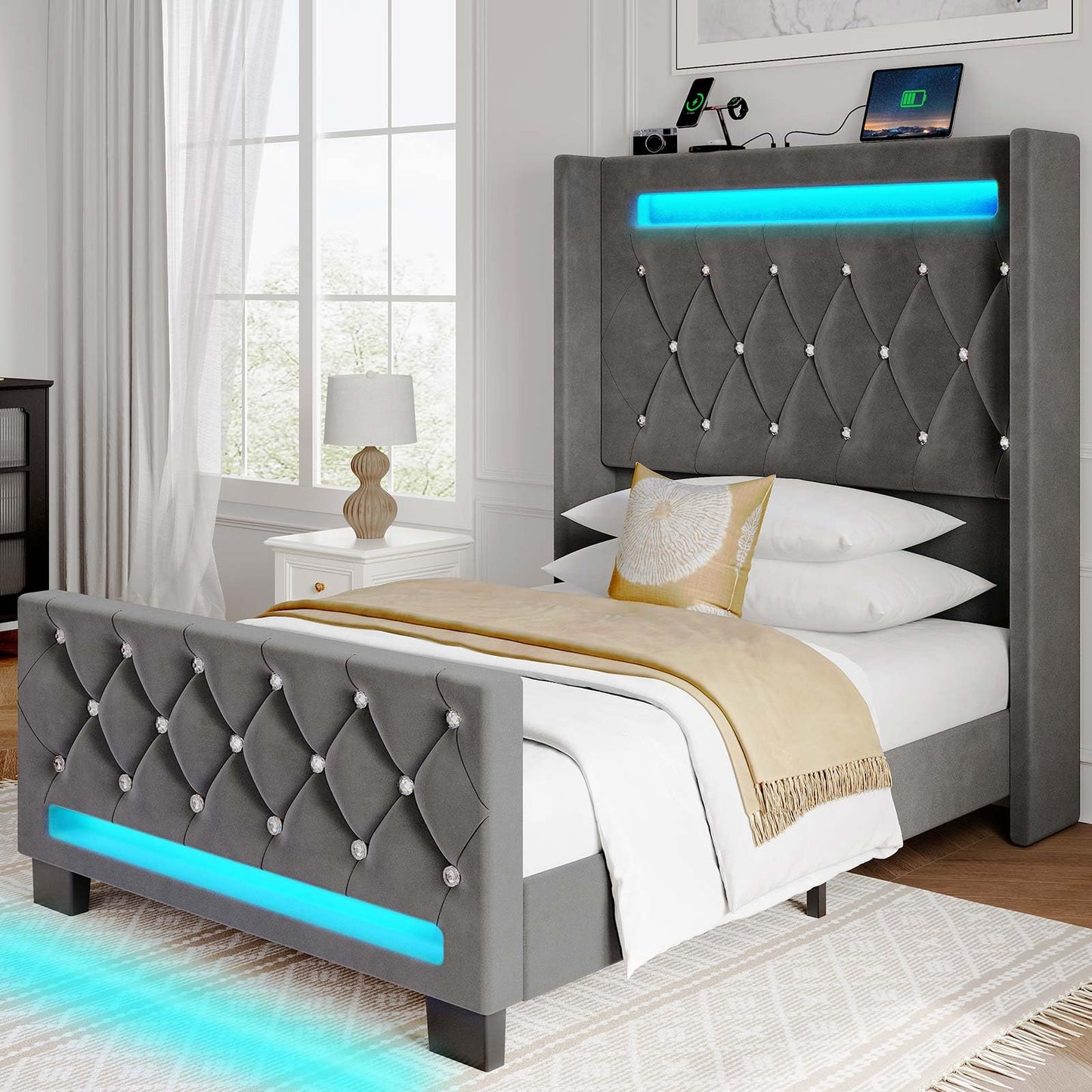 Rolanstar Twin Bed Frame with LED Light and Charging Station, Upholstered High Headboard and Footboard, Wood Slats, Noise Free, Easy Assembly, Grey