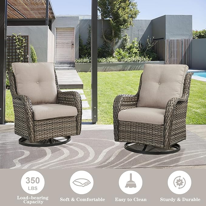 Belord Outdoor Swivel Rcoker Patio Chairs - Outdoor Swivel Patio Chairs Set of 2 Wicker Chair Patio Furniture Sets with Covered Cushion for Porch Deck Balcony Garden, Beige
