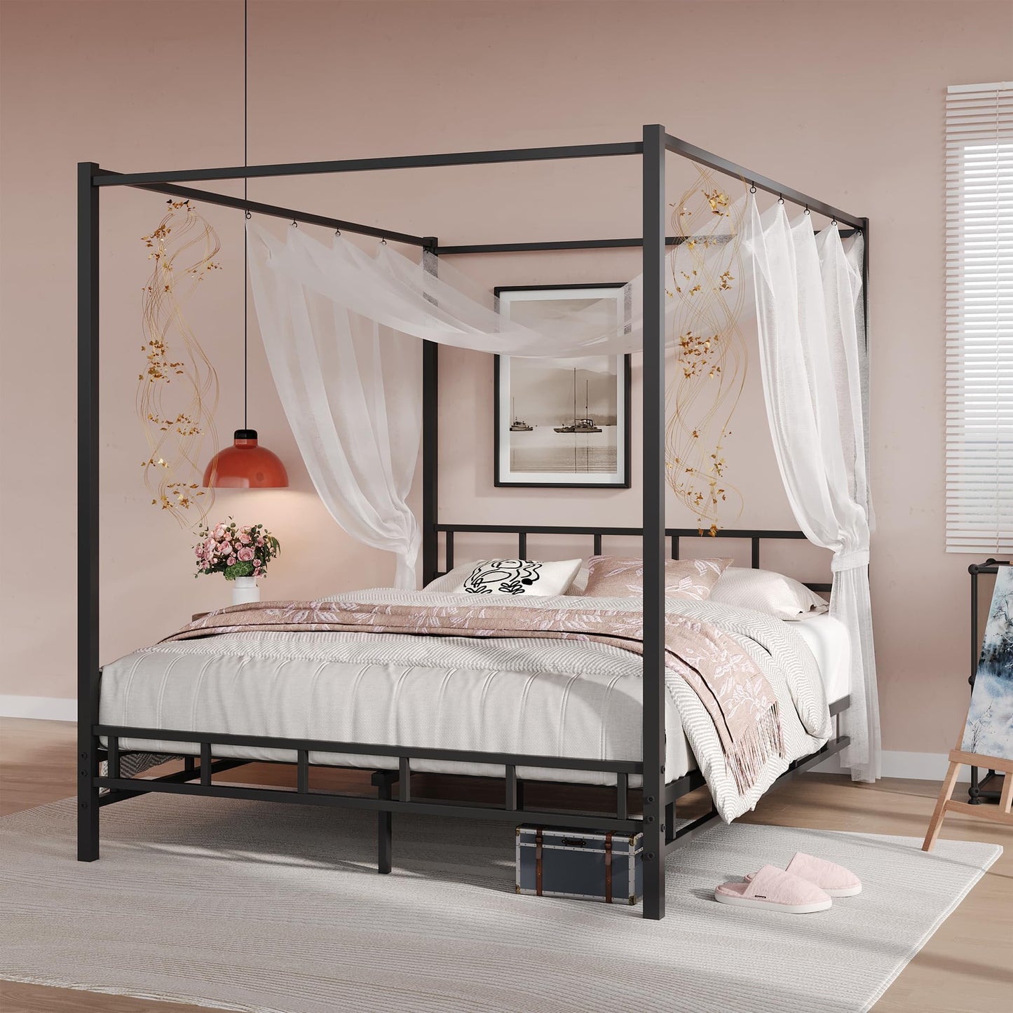 Canopy Bed Frame Full with Headboard and Footboard, Mattress Foundation Platform with Metal Slats Support, Underbed Storage Space, No Box Spring Needed, Easy Assembly, Black