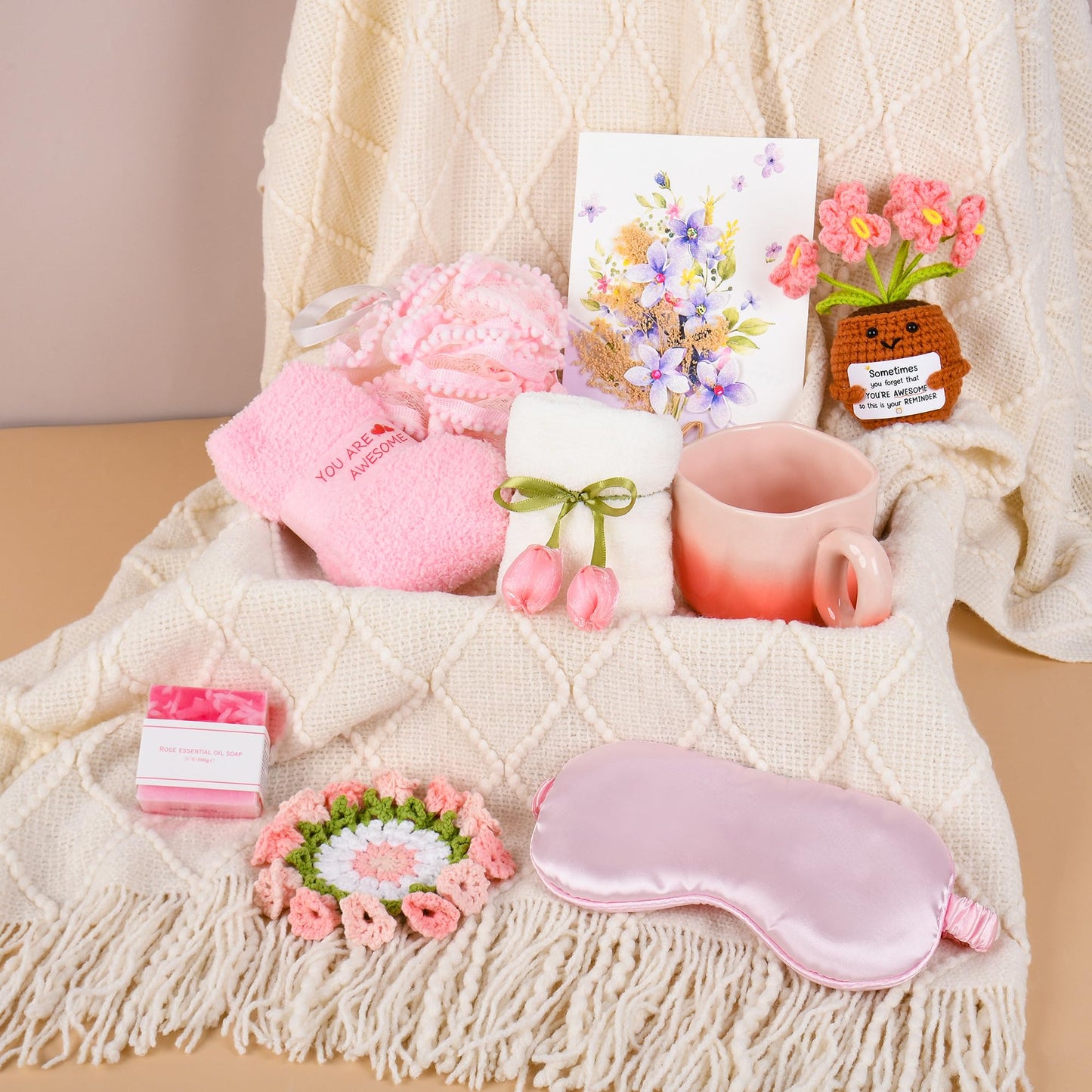 Birthday Gifts for Women, Knitted Tassel Throw Blanket Pink Gift Basket with Handmade Crocheted Potted Plants and Flower Coasters, Inspirational for Mom Her Wife Friend Grandma