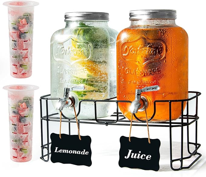 2-Pack 1-Gallon Glass Drink Dispensers for Parties - Beverage Dispenser with Stand and Stainless Steel Spigot, Lemonade & ...