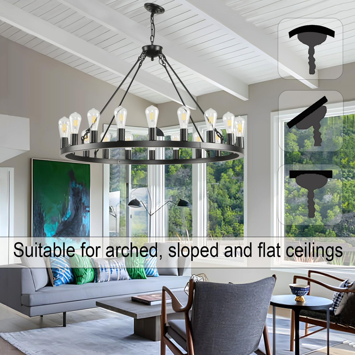 SARUDIIR 40 inch Black Wagon Wheel Chandelier 20-Light Farmhouse Round Wheel Chandeliers Hanging Light Fixture Outdoor Wagon Wheel Chandelier for Porch for High Ceilings Dining Room