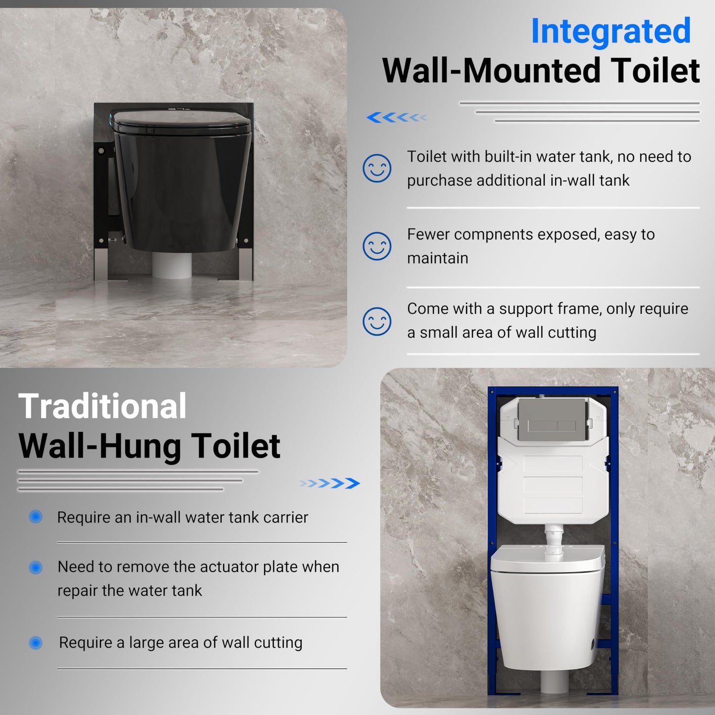 SmartSylva Black Smart Wall Hung Toilet Combo,Auto Flush, Auto Open/Close LId,Heated Seat,Warm Water/Dryer, Modern Elongated Bidet Toilet with In wall Carrier (No need to buy an additional Water Tank)