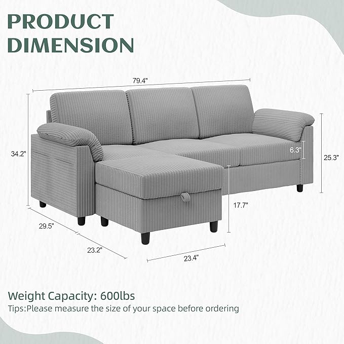 Vongrasig 79" Convertible Sectional Couch Sofa with Storage Ottoman, 3 Seat L Shaped Couch with Side Storage Pockage, Small Couches for Living Room, Apartment and Small Space (Light Grey)