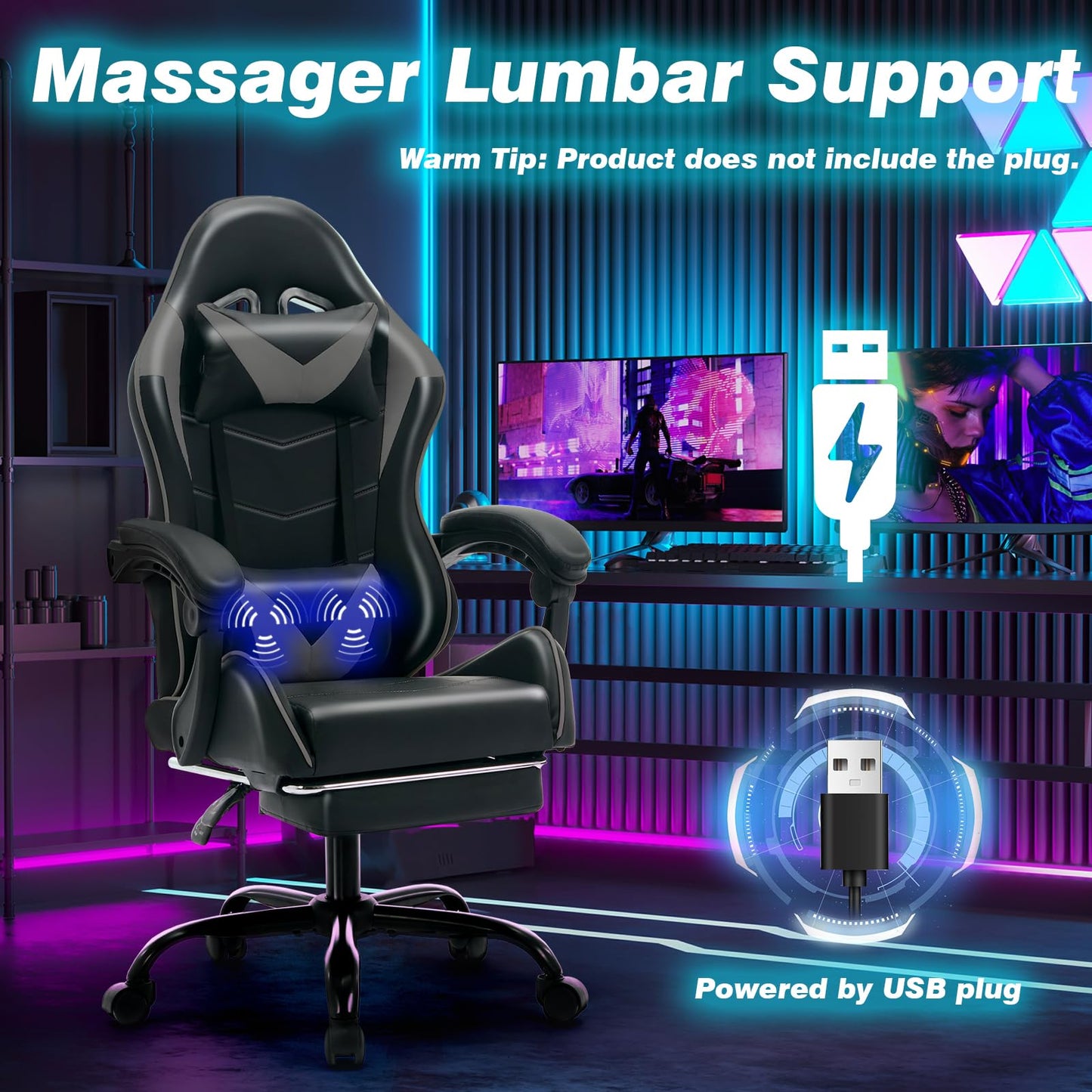 Czlolo Gaming Chair with Footrest Racing Style Lumbar Support Massager Video Game Chair with Metal Legs, High Back Reclining Gamer Chair with Headrest, 360° Swivel Office Computer Desk Chair (Gray)