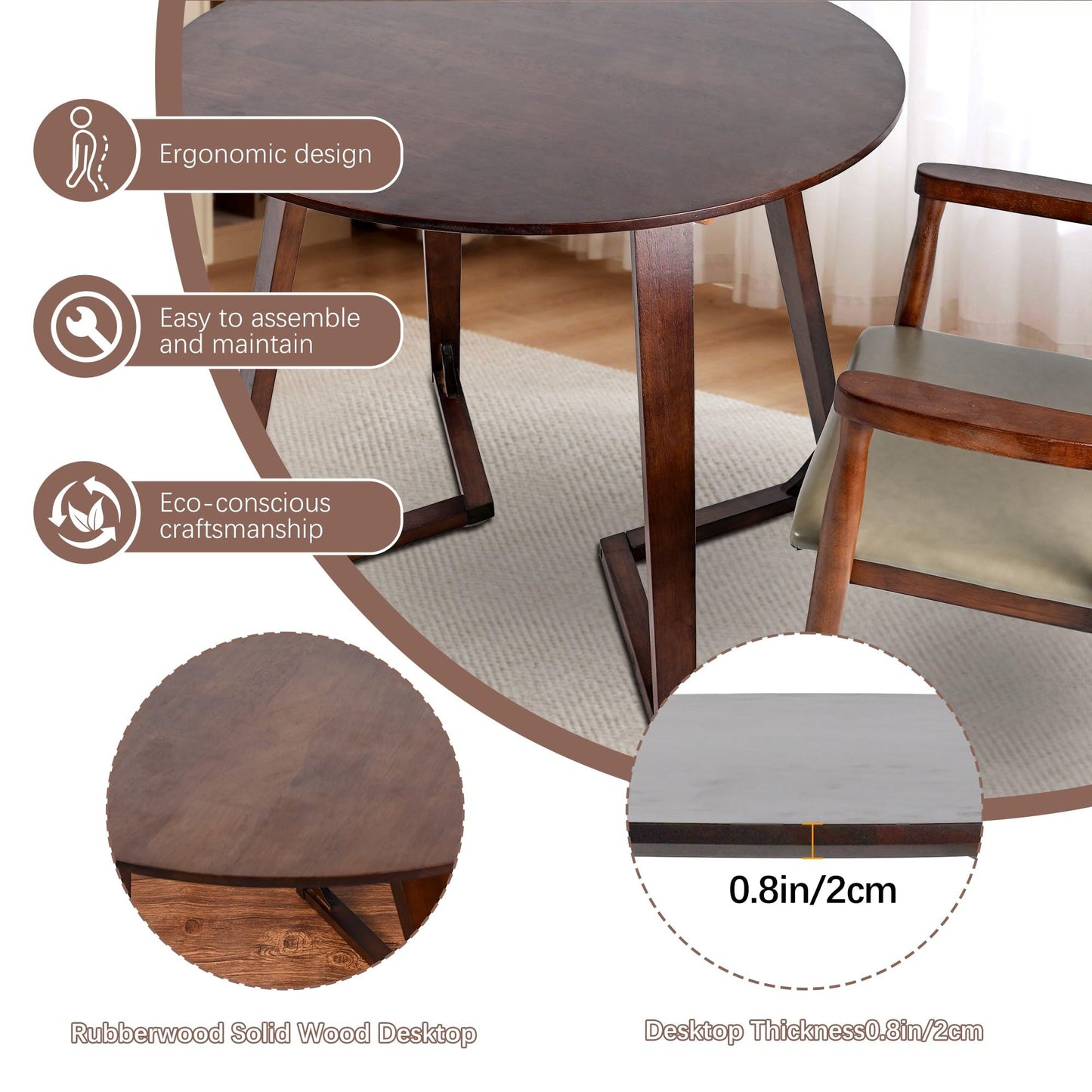 XOXUXOA 35" Round Dining Table - Solid Rubberwood Kitchen Table for Small Spaces, Modern V-Leg Design Seats 4, Walnut Wood Finish, Easy Assembly