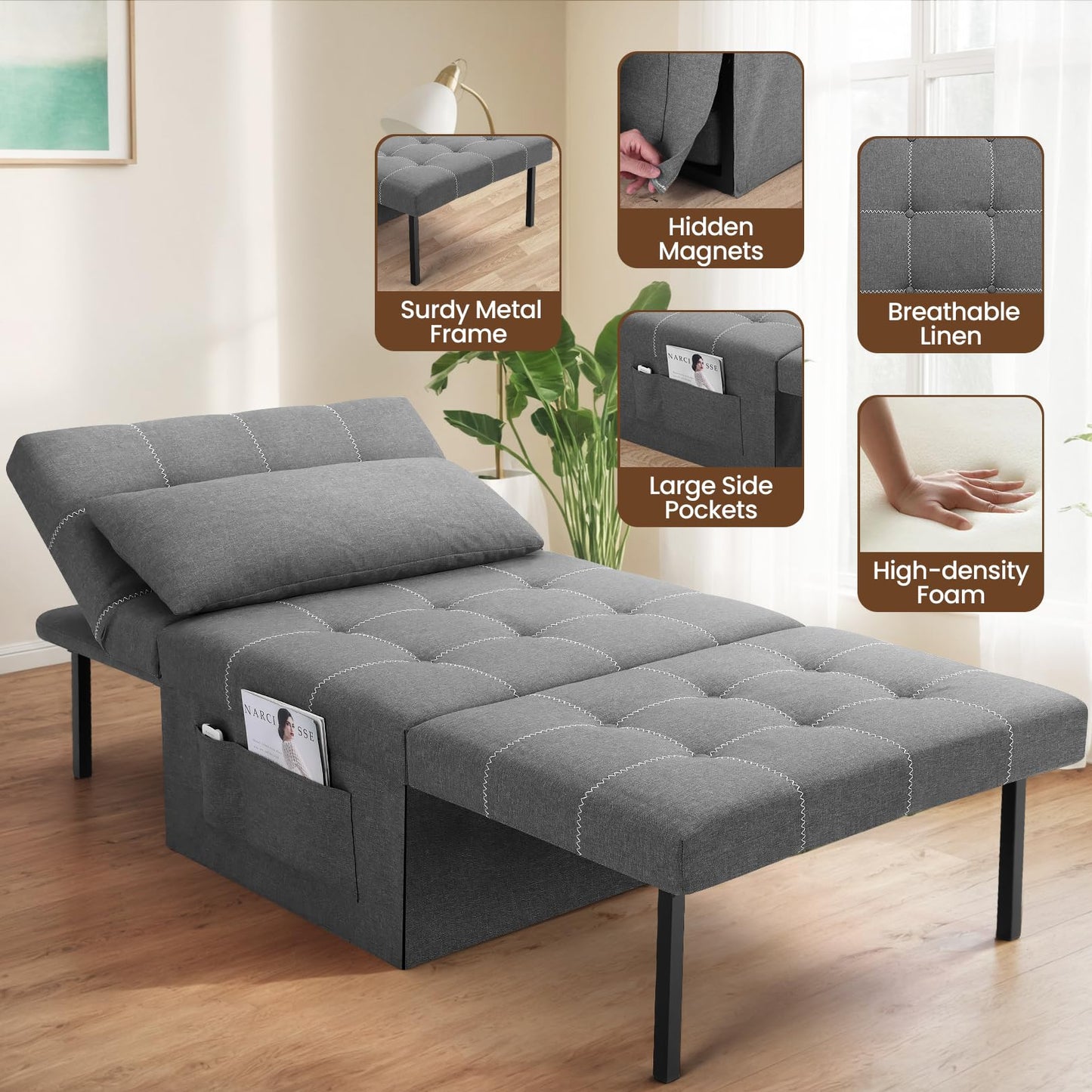 SEJOV 34'' Width Convertible Sleeper Chair, 4 in 1 Multi-Function Folding Ottoman Bed w/Adjustable Backrest & Pillow, Modern Large Single Recliner Assembly-Free Sofa Bed for Small Spaces, Dark Gray