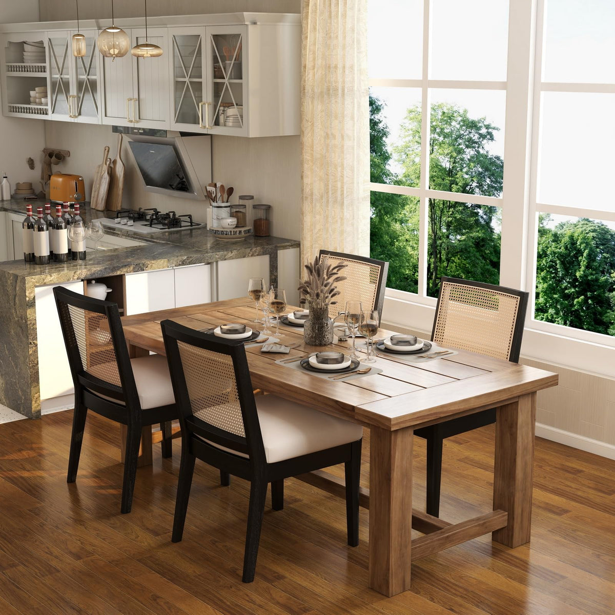 BESTANO Farmhouse Rattan Dining Chairs Set of 4 Black Wood Dining Room Chairs Rectangle Cane Country Kitchen Chairs Upholstered Dining Chair for Dining Room, Cream Linen
