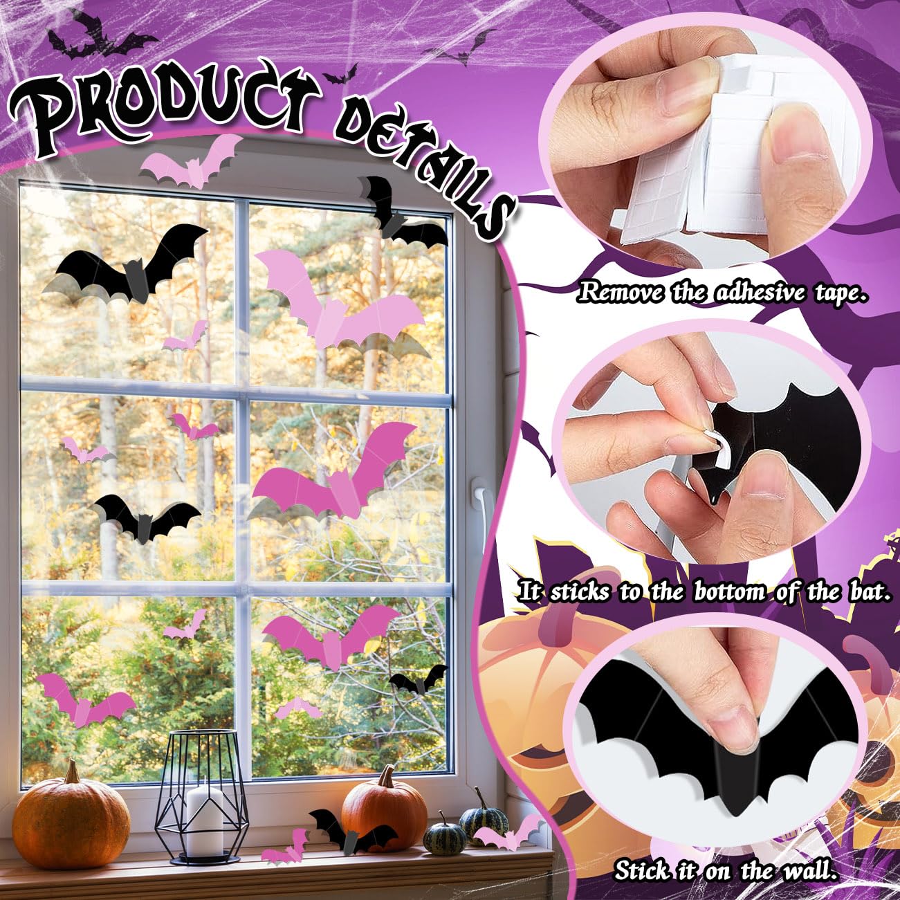 Pink Bats for Wall Halloween 3D Bat Blush and Black DIY Wall Decal Bathroom Indoor Cute Pastel Halloween, PVC Door Bats Stickers for Home (48pcs)