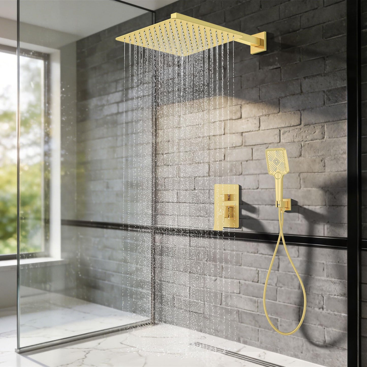JQBQS Shower System Modern Rain Brass Faucet Set With Valve and Diverter Shower Mixer With Handheld High Pressure Square Rainfall Shower Valve (12'' Wall Mount, Brushed Gold)
