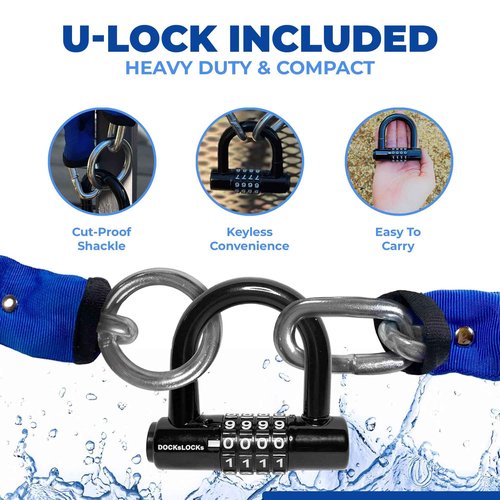 DocksLocks 8mm Security Chain Lock Set (3', 6' or 10') Heavy Duty, Cinch Style, Weatherproof, Hardened Carbon Steel, Includes Compact U-Lock 6ft