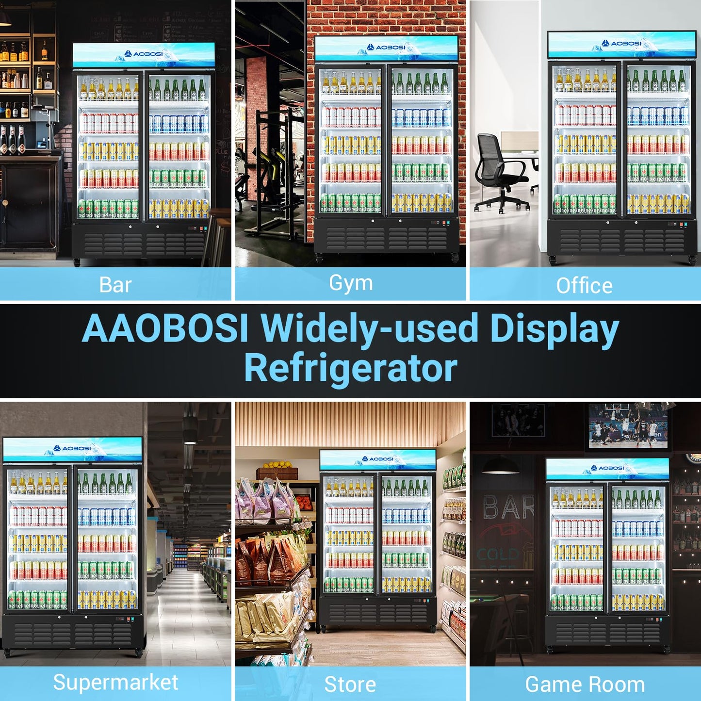 AAOBOSI 50" Wide Commercial Merchandiser Refrigerator,36.8 Cu.Ft Glass Door Display Refrigerator,Upright Beverage Fridge with Soft LED Light,Customizable Lightbox,Universal Casters, Adjustable Shelves