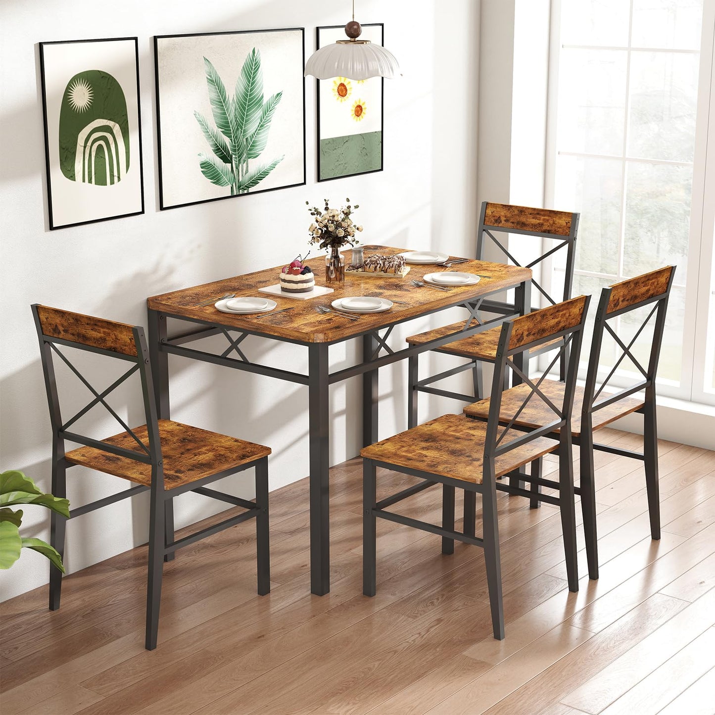 Zevemomo 5-Piece Dining Table Set, Dining Table Set for 4, Small Kitchen Table Set for 4, Wood Dining Room Table, with 4 Curved Backrest Chairs, Compact Dining Set for Small Spaces & Kitchen-Brown