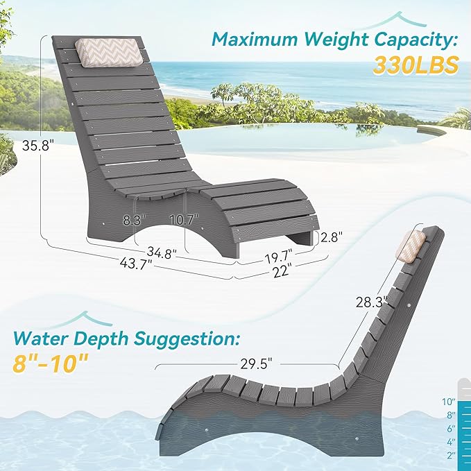 Homenjoy Pool Lounge Chairs Set of 4, Use in Pools Lounge Chairs up to 10-Inches of Water, Chaise Chairs with Headrest, Lounge Chair Outdoor, Fade-Resistant Pool Lounger for Deck