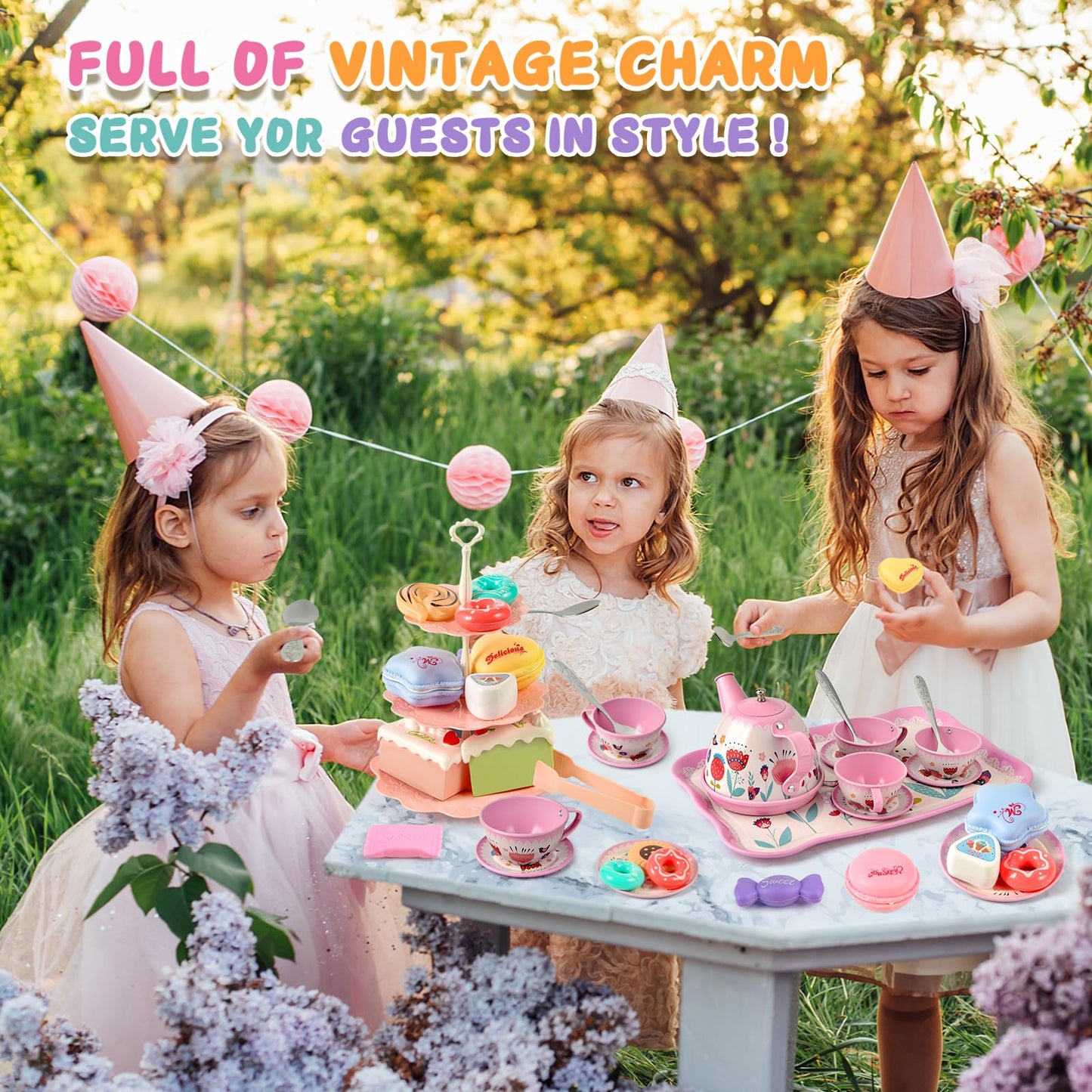 Tea Party Set for Little Girls, Flower Tea Set Toys for Girls Age 3 4 5 6 Year Old, Toddler Kids Kitchen Pretend Play Toys with Tin Tea Set, Cake Stand, for Girls