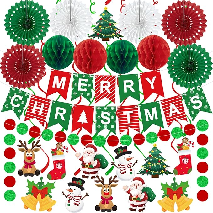25pcs Christmas Party Decorations Merry Christmas Banner Paper Fan Garlands String Circle Dot Honeycomb Ball Swirl Streame...