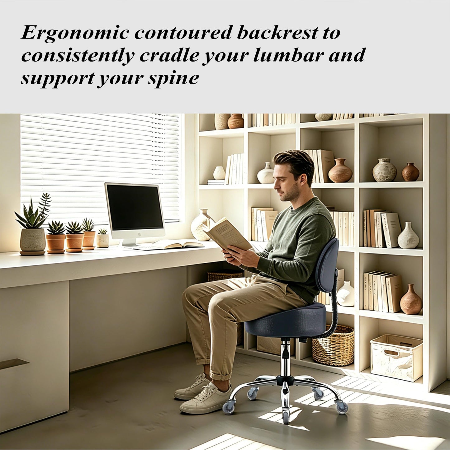 Ergonomic Drafting Stool with Backrest, 400LB Heavy Duty Hydraulic Stool, 19-25 Inch Adjustable Height Rolling Stool Chair with Lumbar Support for Standing Desk, Salon, Tattoo, Kitchen, Home Office