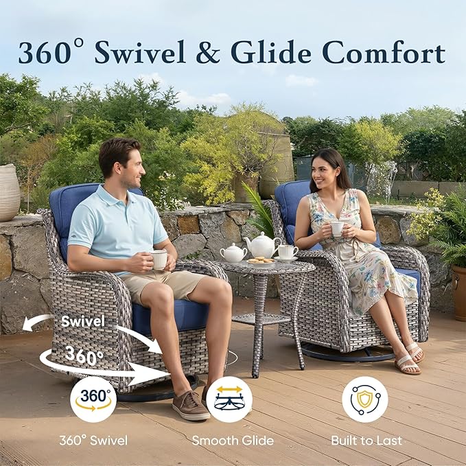 Belord Luxury 6" Thick Cushioned Outdoor Swivel Rocker Patio Chairs with Side Table, High Back Wicker Furniture Set with Ergonomic Zone Back, Conversation Glider Set for Deck Porch - Grey+Blue