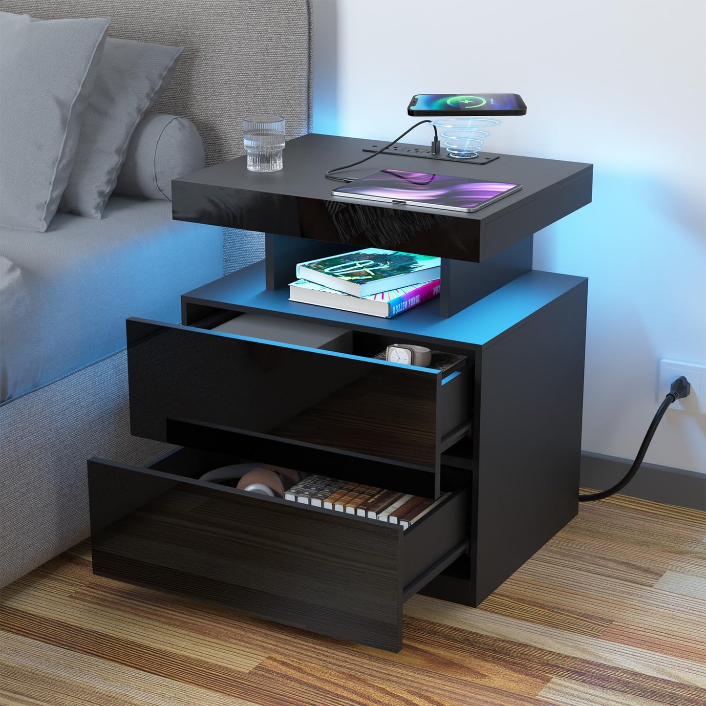 HOMMPA LED Nightstand with Wireless Charging Station & USB Ports, Modern Bedside Table, Black Night Stand with Open Compartment, Smart Nightstand High Gloss Surface for Bedroom