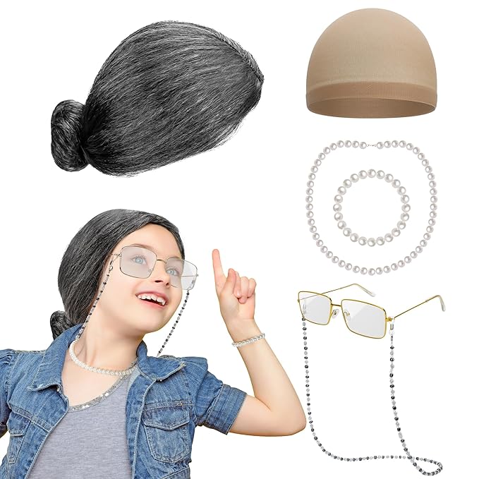 Huskein Old Lady Costume for Women, 100 Days of School Costume for Girls, Granny Bun Wig Glasses Wig Cap Pearl Necklace Br...