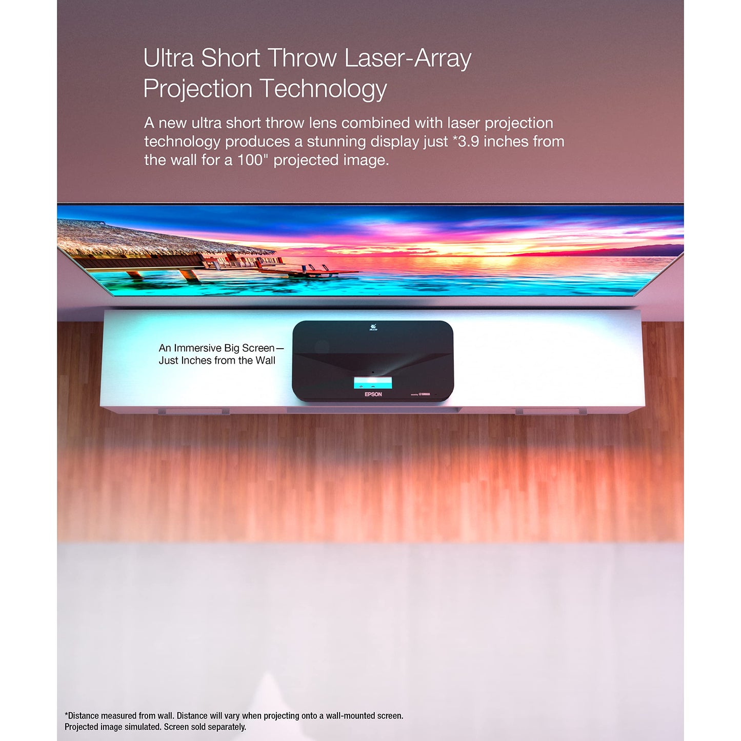 Epson LS800 Ultra Short Throw 3-Chip 3LCD Smart Streaming Laser Projector, 4,000 Lumens of Color and White Brightness, 4K PRO UHD, HDR, Android TV, 2.1ch Yamaha Built-in Speakers - Black