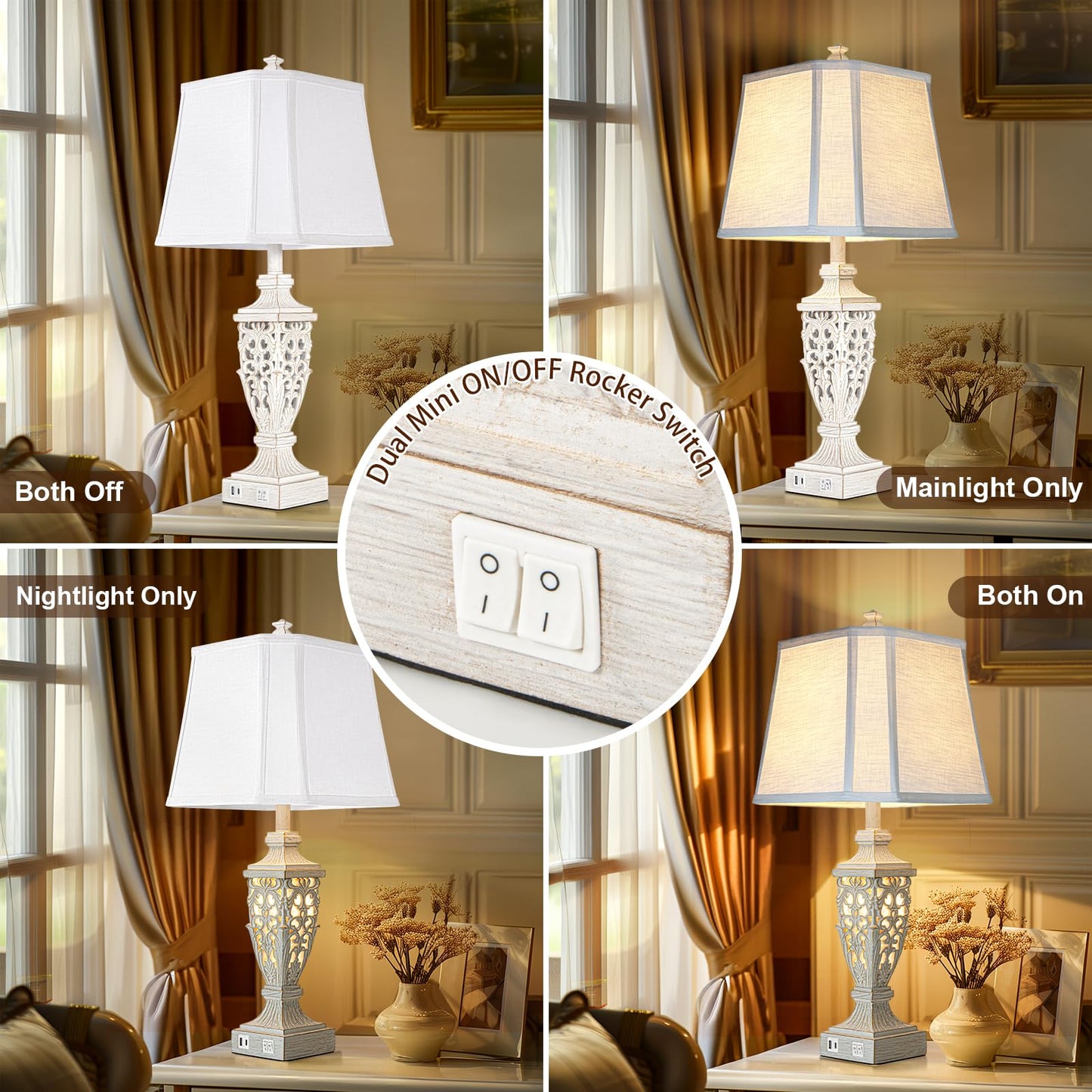 28.5" Lamps for Living Room - Table Lamps Set of 2 with Night Light,Bedside Lamp with White Linen Cut Corner Shade - for Bedroom Room and Nightstand with USB A+C Ports- for Office Hotel(Bulb Included)