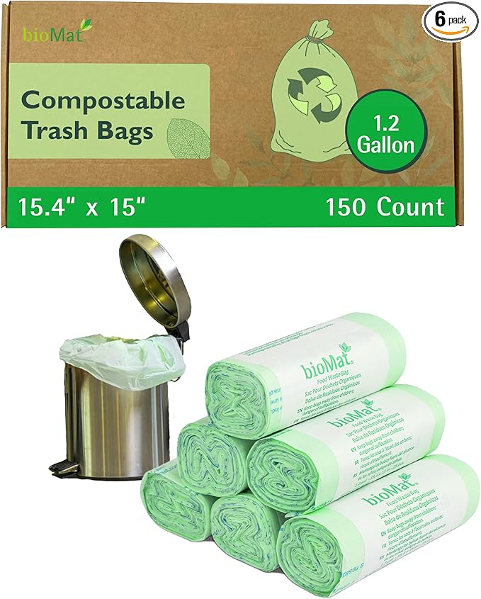 bioMat 1.2 Gallon Compostable Bags, 150 Count, Countertop Bin Liners, BPI ASTM D6400 and CMA Certified Small Trash Bags