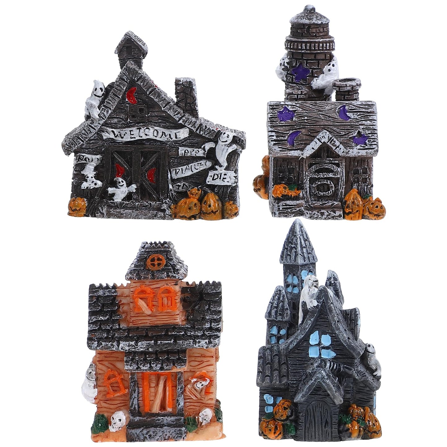 LOGOFUN 4pcs Halloween Miniature House Statue Resin Mini Haunted House Figurines for DIY Crafts Halloween Micro-Landscape Decoration