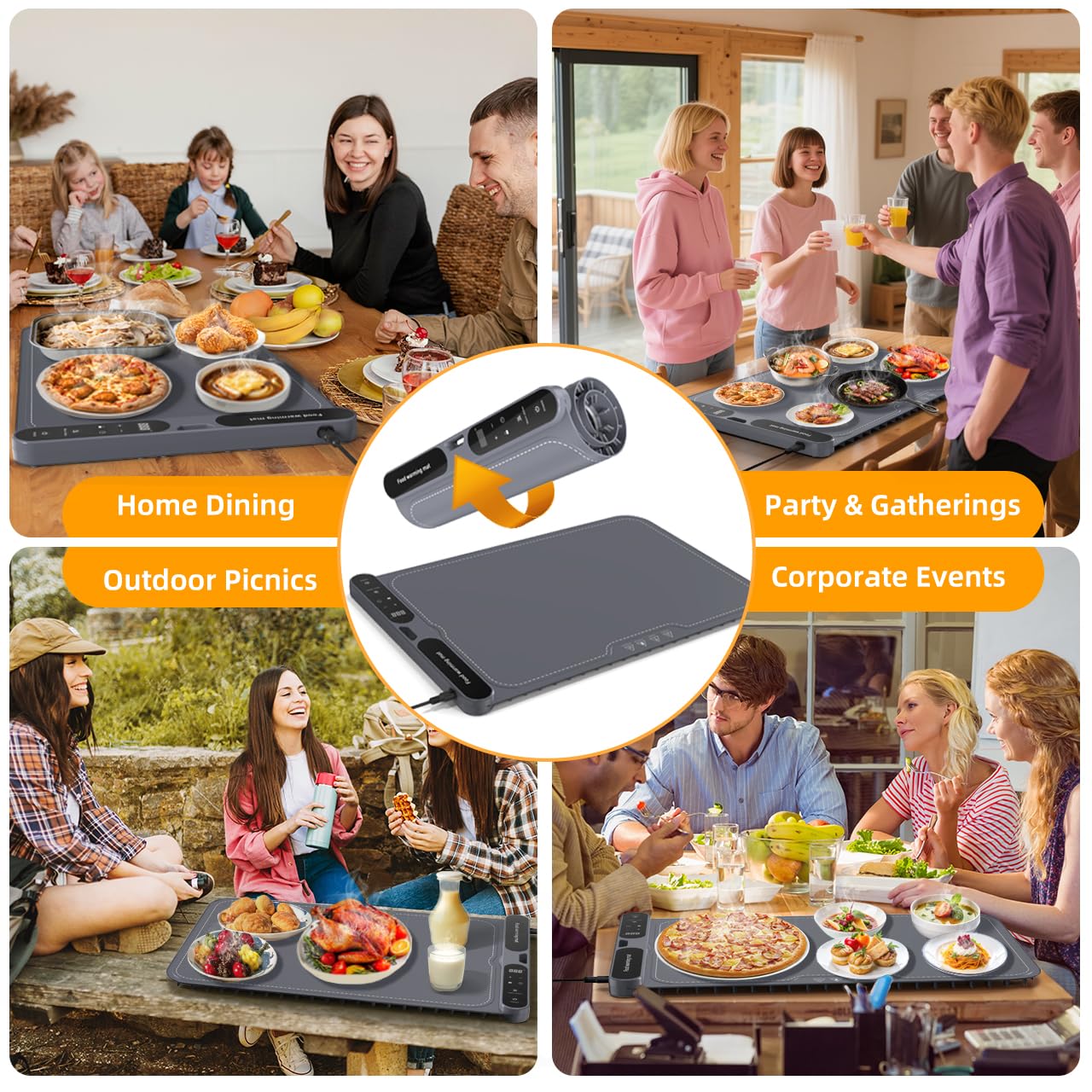 Budsom Food Warming Mat - 8s Fast Heating Electric Warming Tray with 7-Level Temperature & 8-Hour Timer, Roll-Up Portable Food Warmer for Home Dinner, Party, Travel, Outdoor Picnic (Standard)