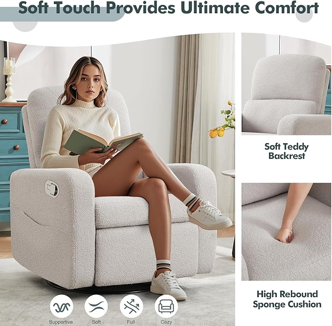 AEMEIOS Swivel Rocker Recliner, Oversized Teddy Manual Nursery Glider Rocking Recliner with Removable Cushion, Upholstered Boucle Swivel Reclining Chair for Nursery Living Room Bedroom, Teddy Gray