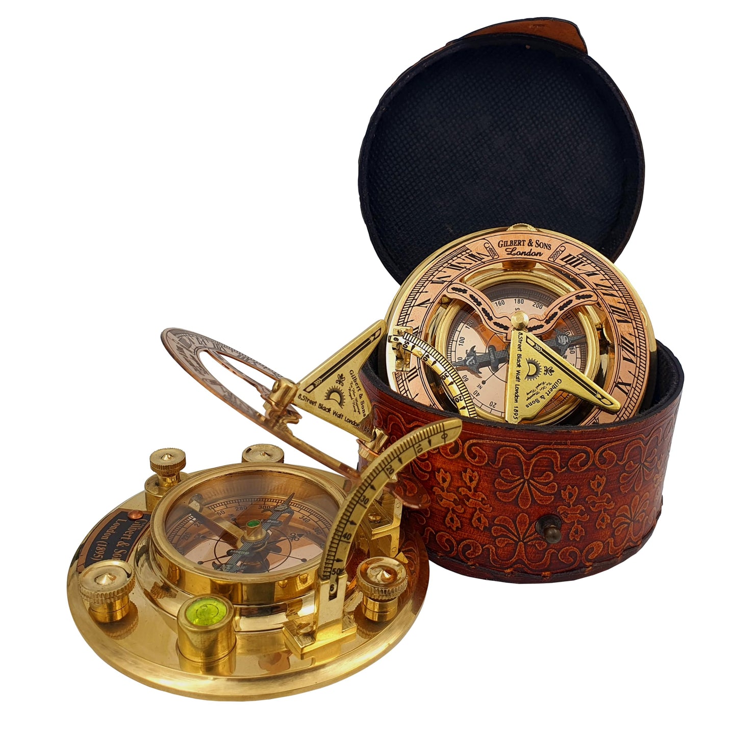 NETAEX Antique Brass & Copper Sundial Compass, Sundial Clock in Leather Box Gift Sun Clock Ship Replica Watch