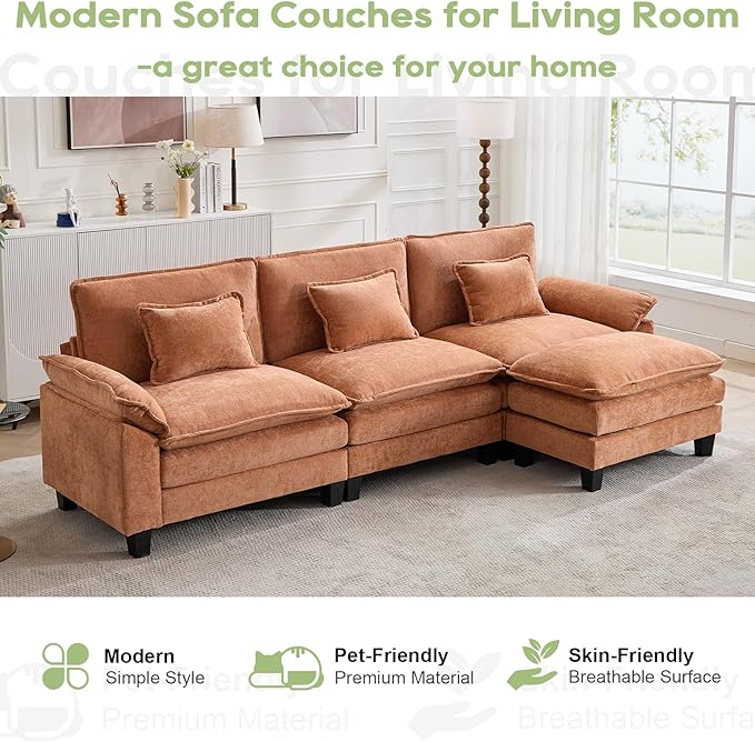 Oprisen 120" Modular Sectional Sofa, Comfy Cloud Couch Sectional Sofa with Ottoman, Chenille Sofa Sleeper Deep Seat Sofa with Throw Pillows for Living Room (Orange, 120"- L Shape)